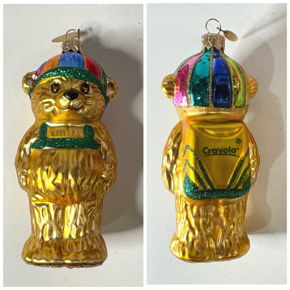 Hallmark Keepsake Crayola Backpack Bear Glass Ornament Crown Reflections Gold